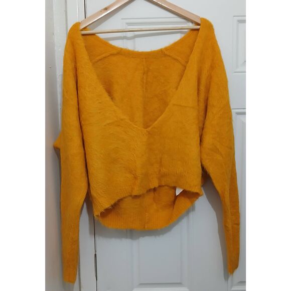 Womens xl wide plunge neck mustard yellow alpaca soft sweater oversized slouchy - Picture 1 of 6